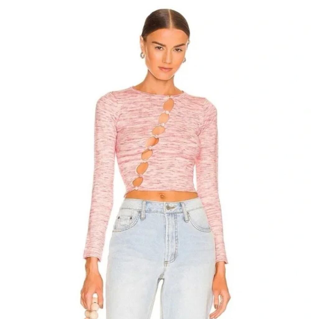 Superdown Kai Pink Long Sleeve Asymmetric Button Front Cropped Sweater Top Sz M
